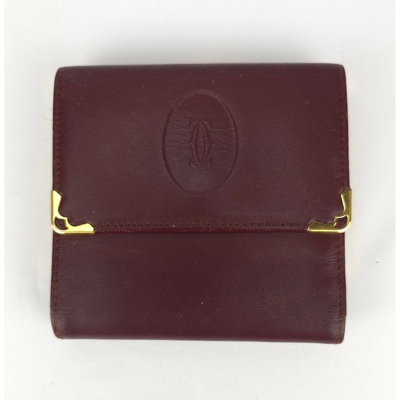 Vintage Cartier Burgundy Leather Tri Fold Wallet Gold Trim Kisslock Coin Purse
